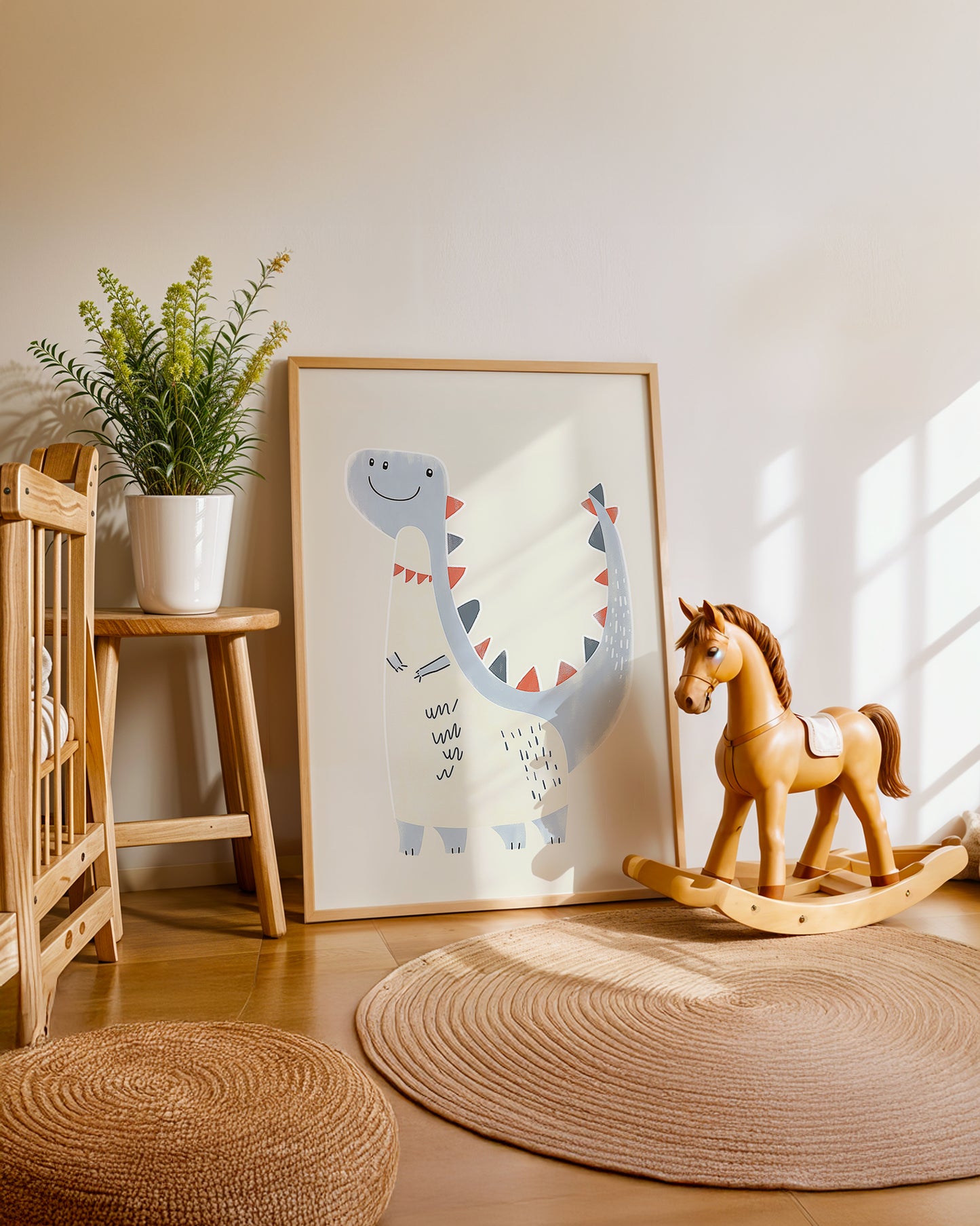Ilustración infantil de dinosaurio azul sonriente
