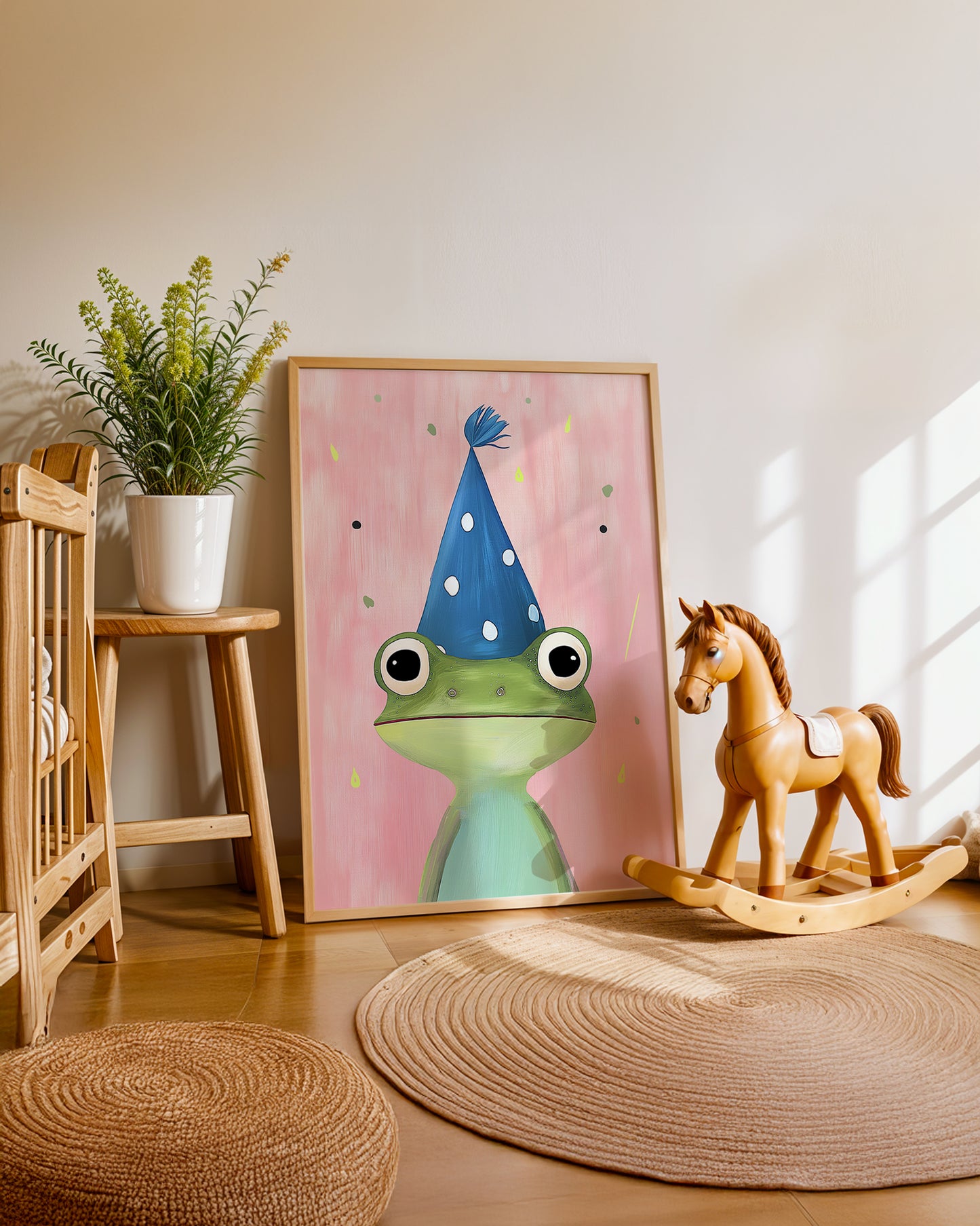 Cuadro infantil ilustrado de rana verde con gorro de fiesta