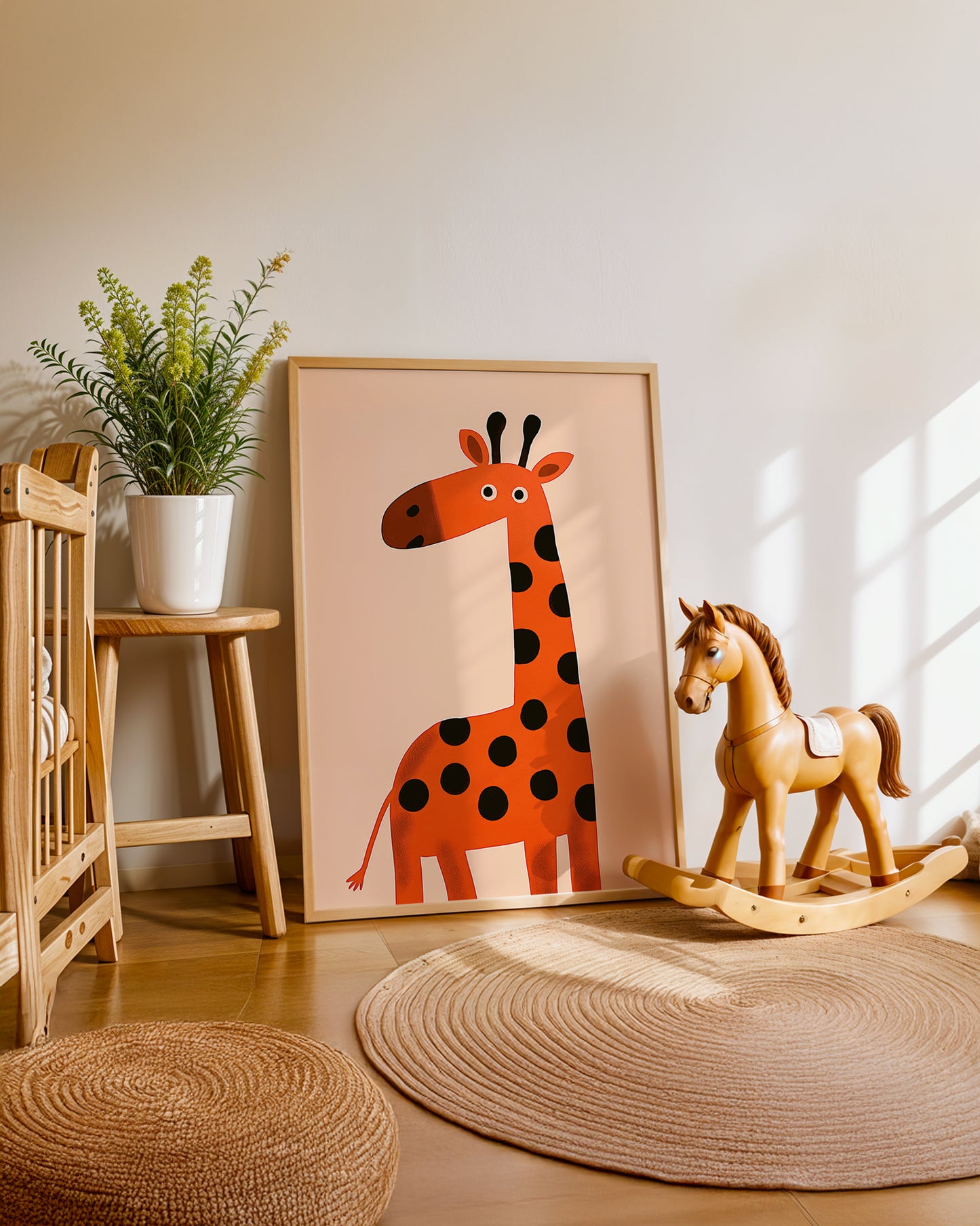 Cuadro infantil ilustrado de jirafa naranja con lunares