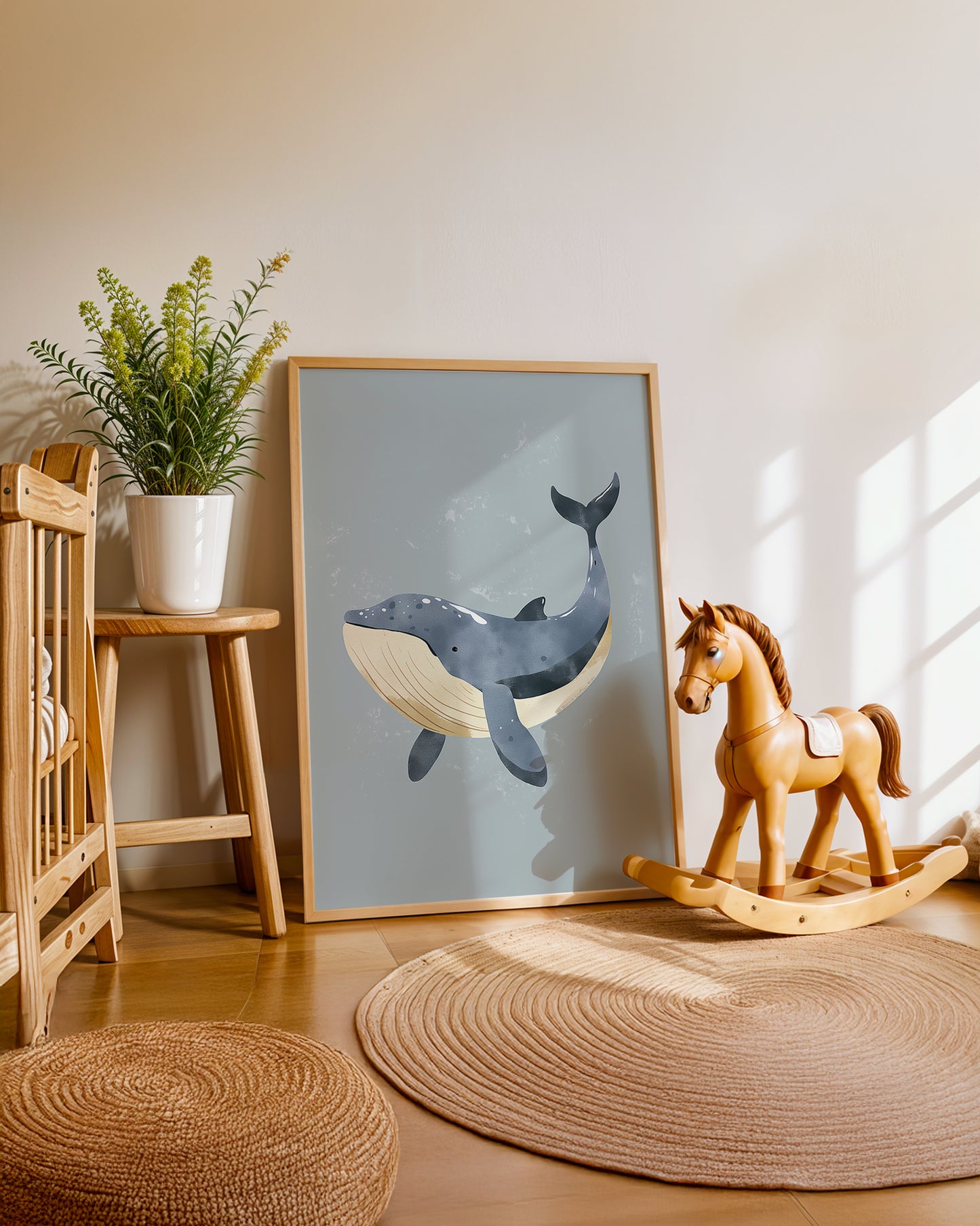 Cuadro infantil ilustrado de ballena gris en estilo decorativo