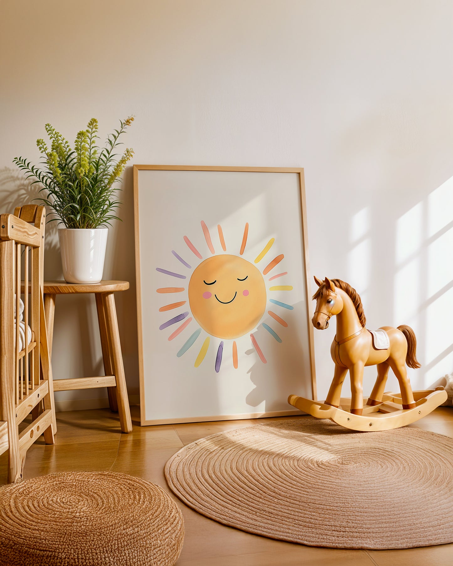 Cuadro infantil ilustrado de sol sonriente con rayos de colores