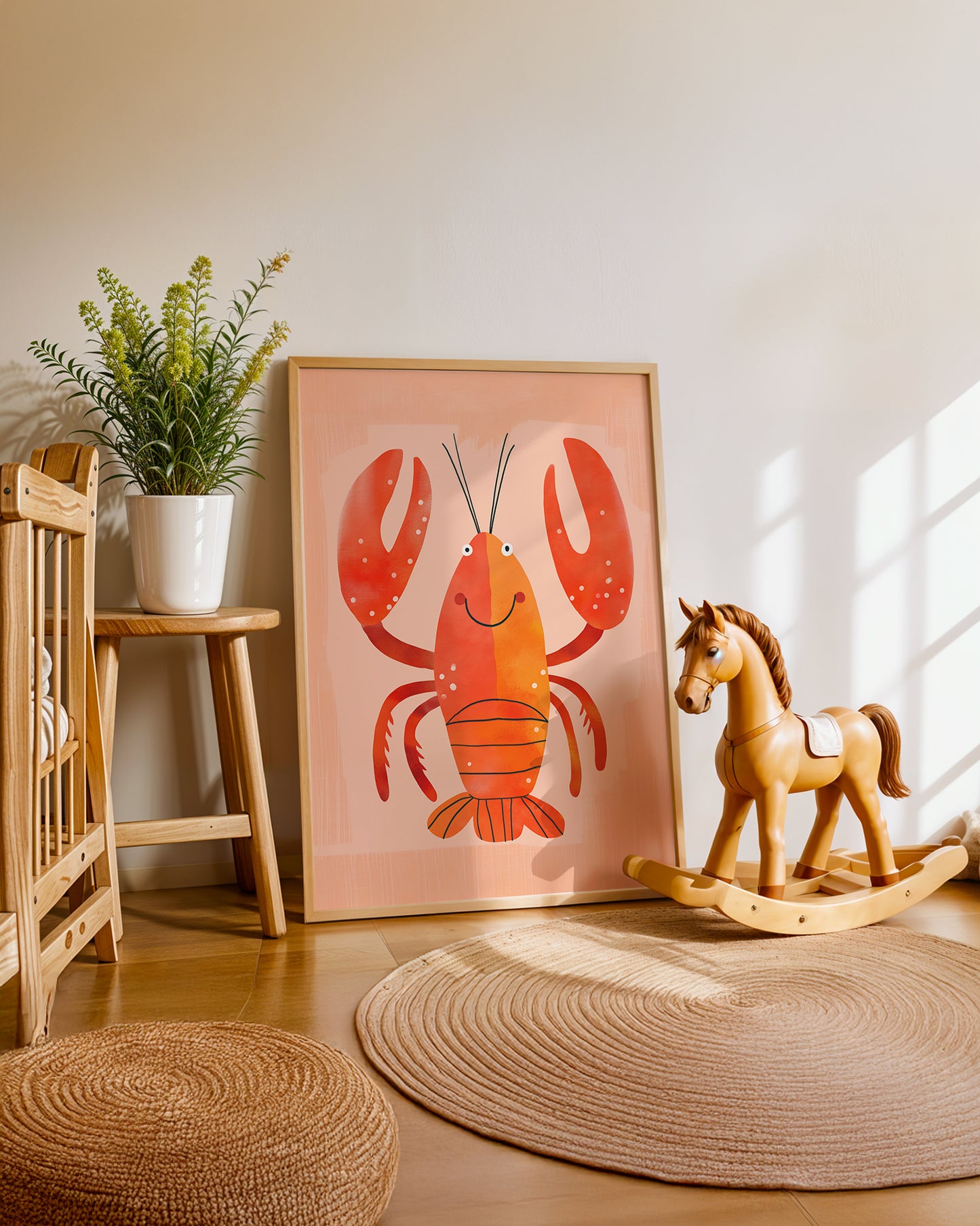 Cuadro infantil ilustrado de langosta roja decorativa