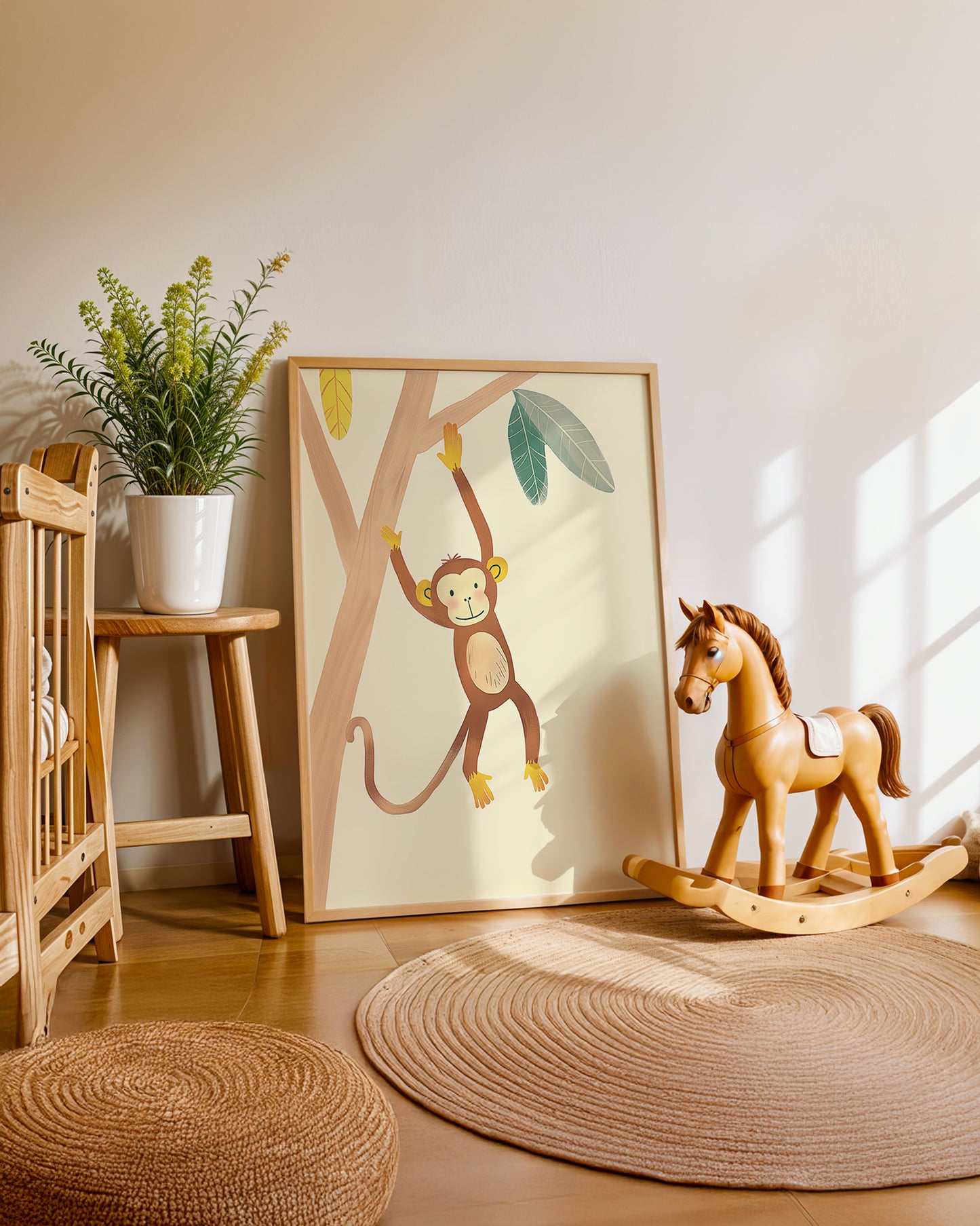 Cuadro infantil ilustrado de mono colgado en un árbol