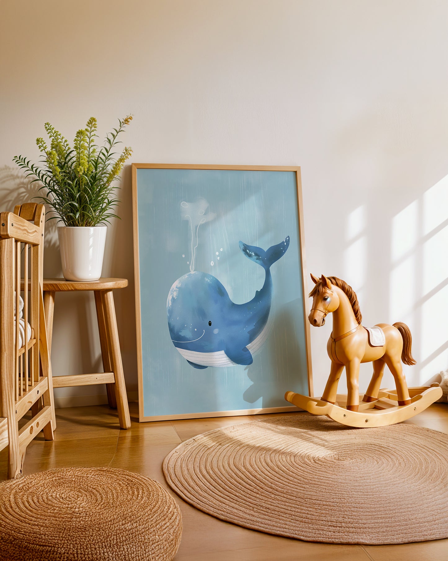 Cuadro infantil ilustrado de ballena azul sonriente