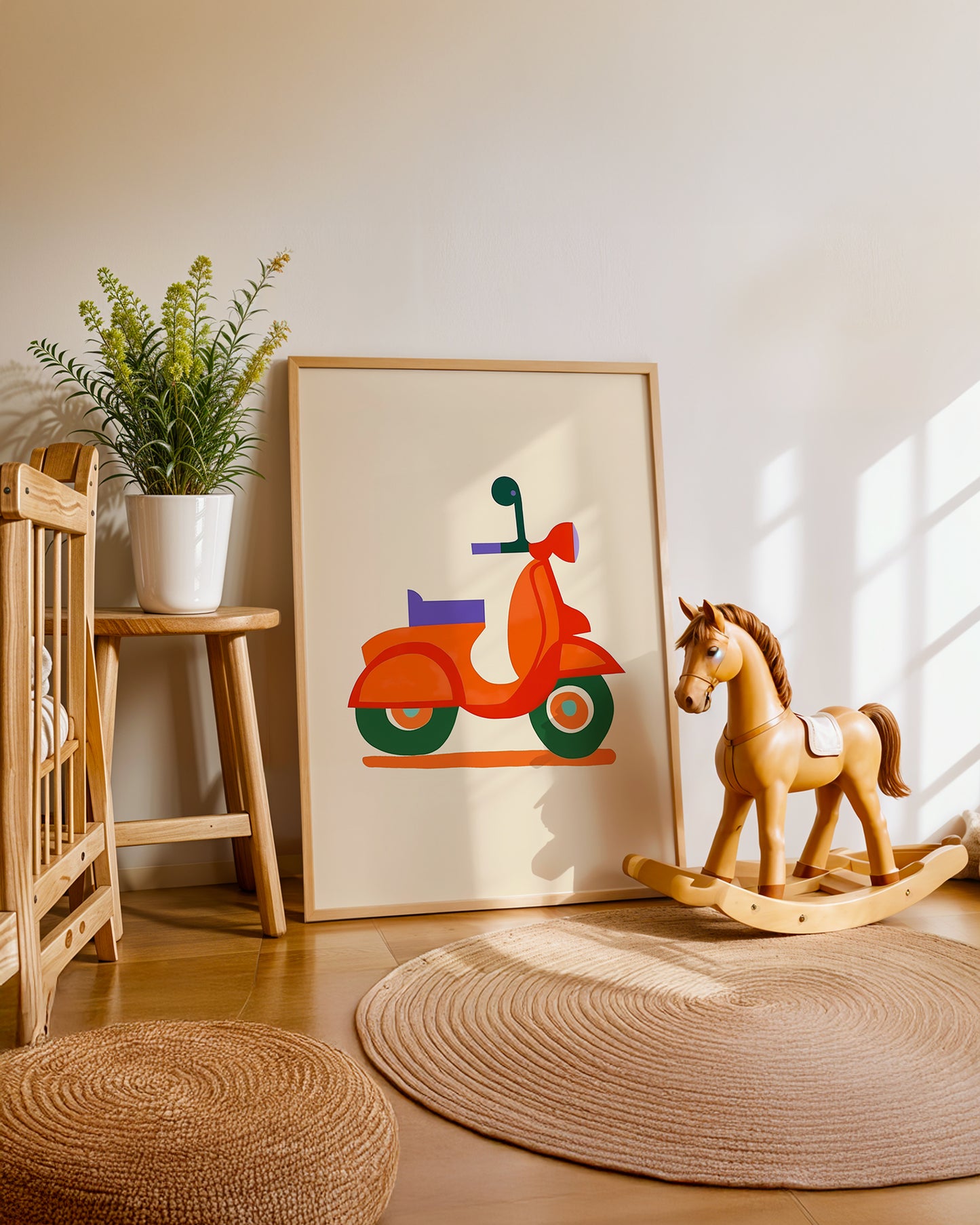Cuadro infantil ilustrado de moto retro geométrica roja