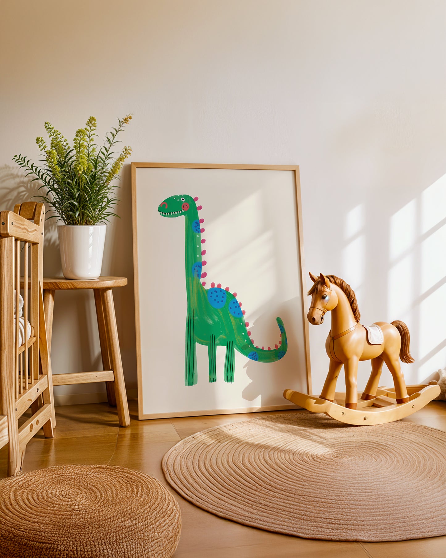 Cuadro infantil ilustrado de dinosaurio verde con manchas