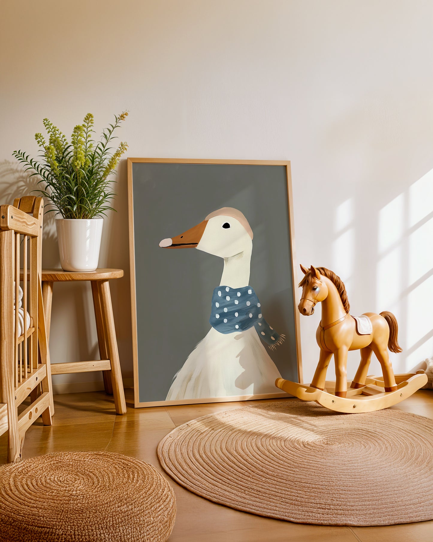 Cuadro infantil ilustrado de ganso con pañuelo azul