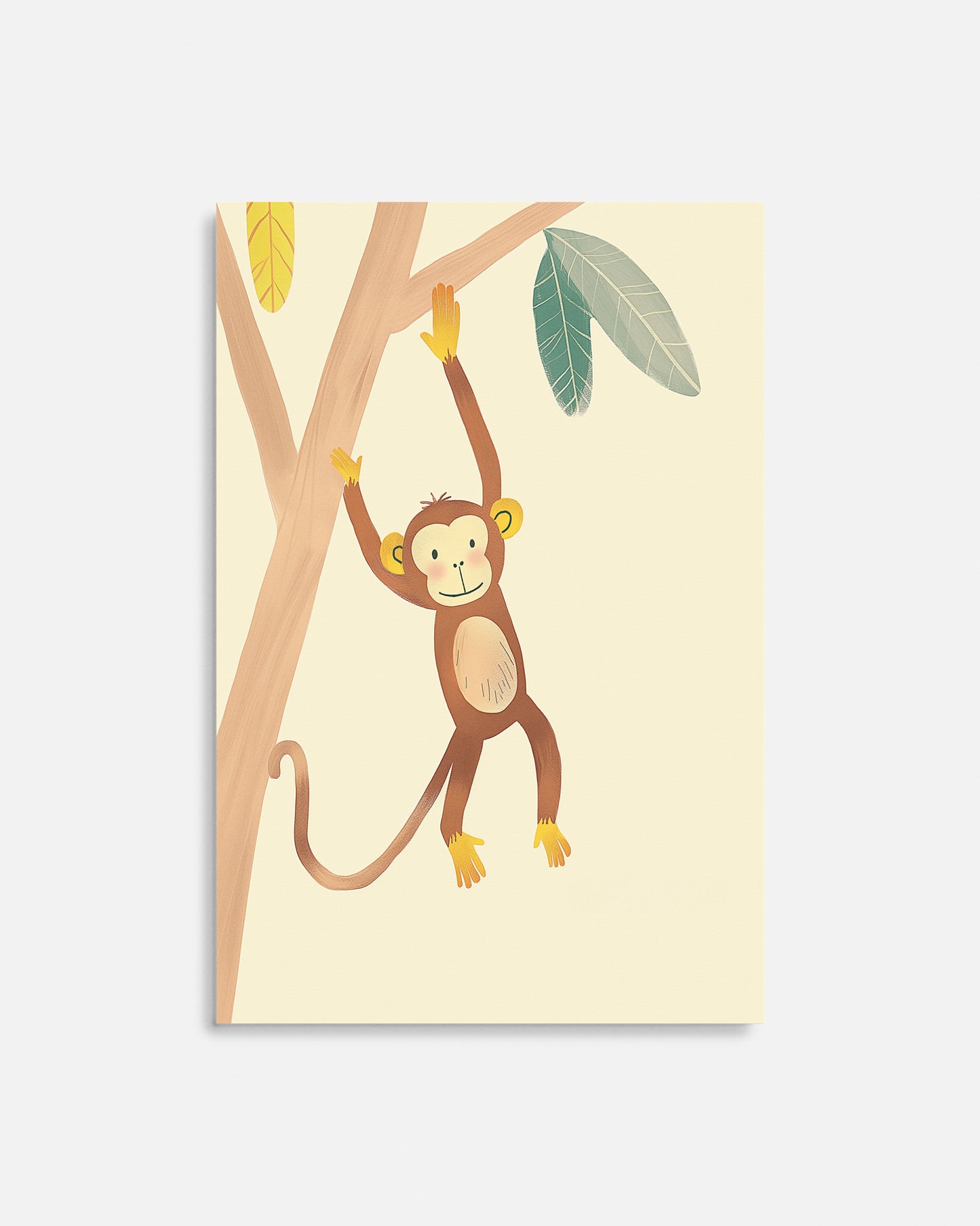 Cuadro infantil ilustrado de mono colgado en un árbol