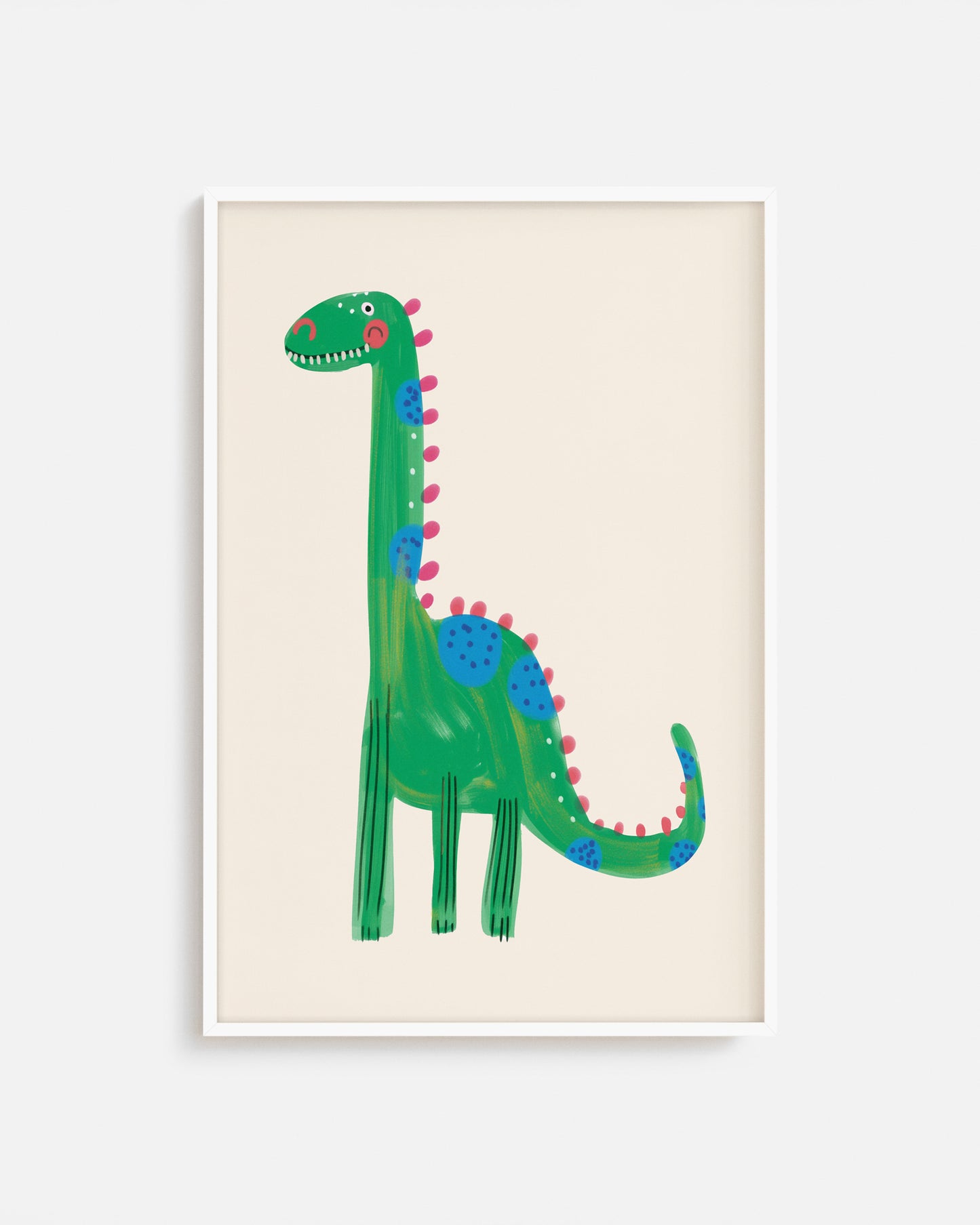 Cuadro infantil ilustrado de dinosaurio verde con manchas