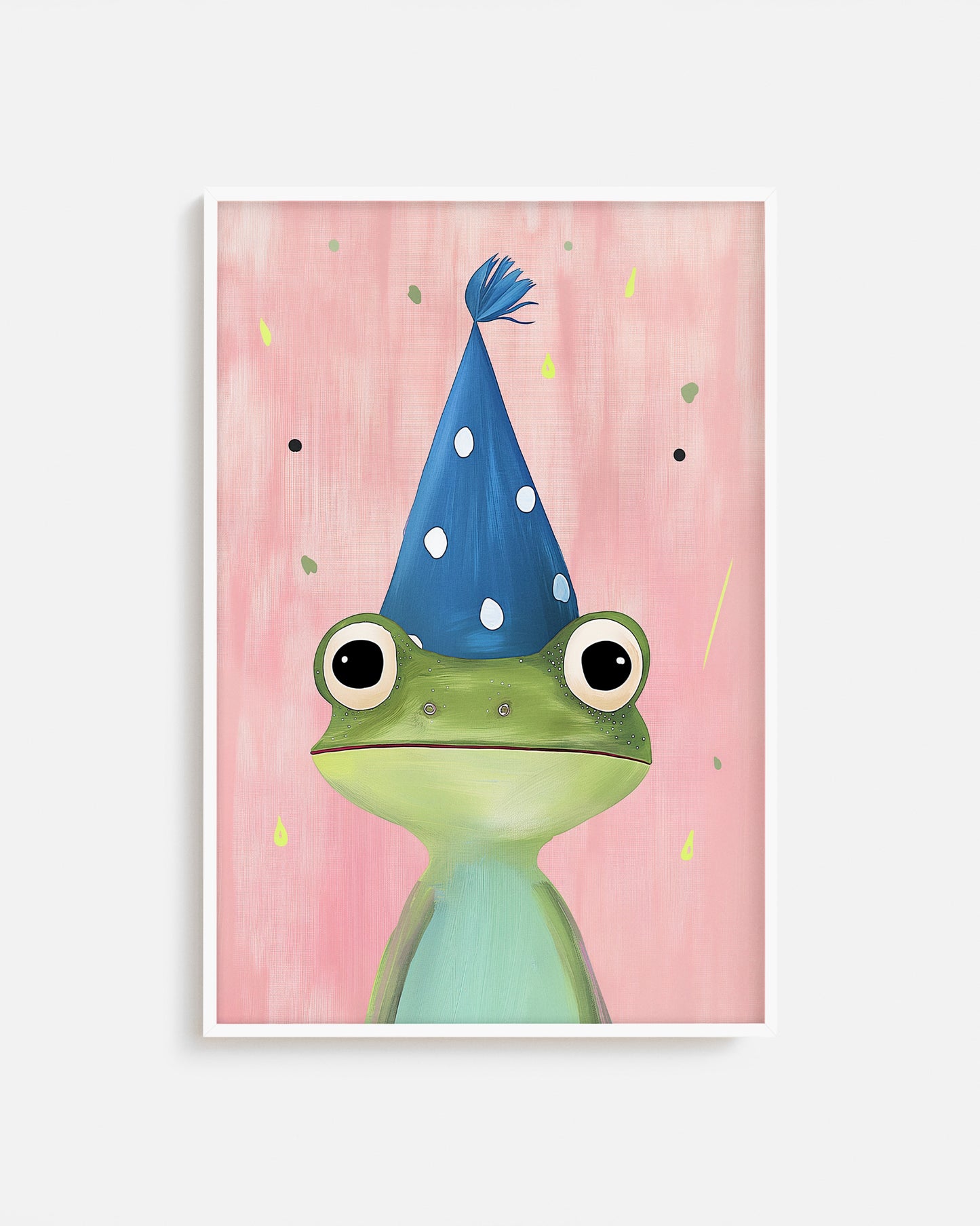 Cuadro infantil ilustrado de rana verde con gorro de fiesta