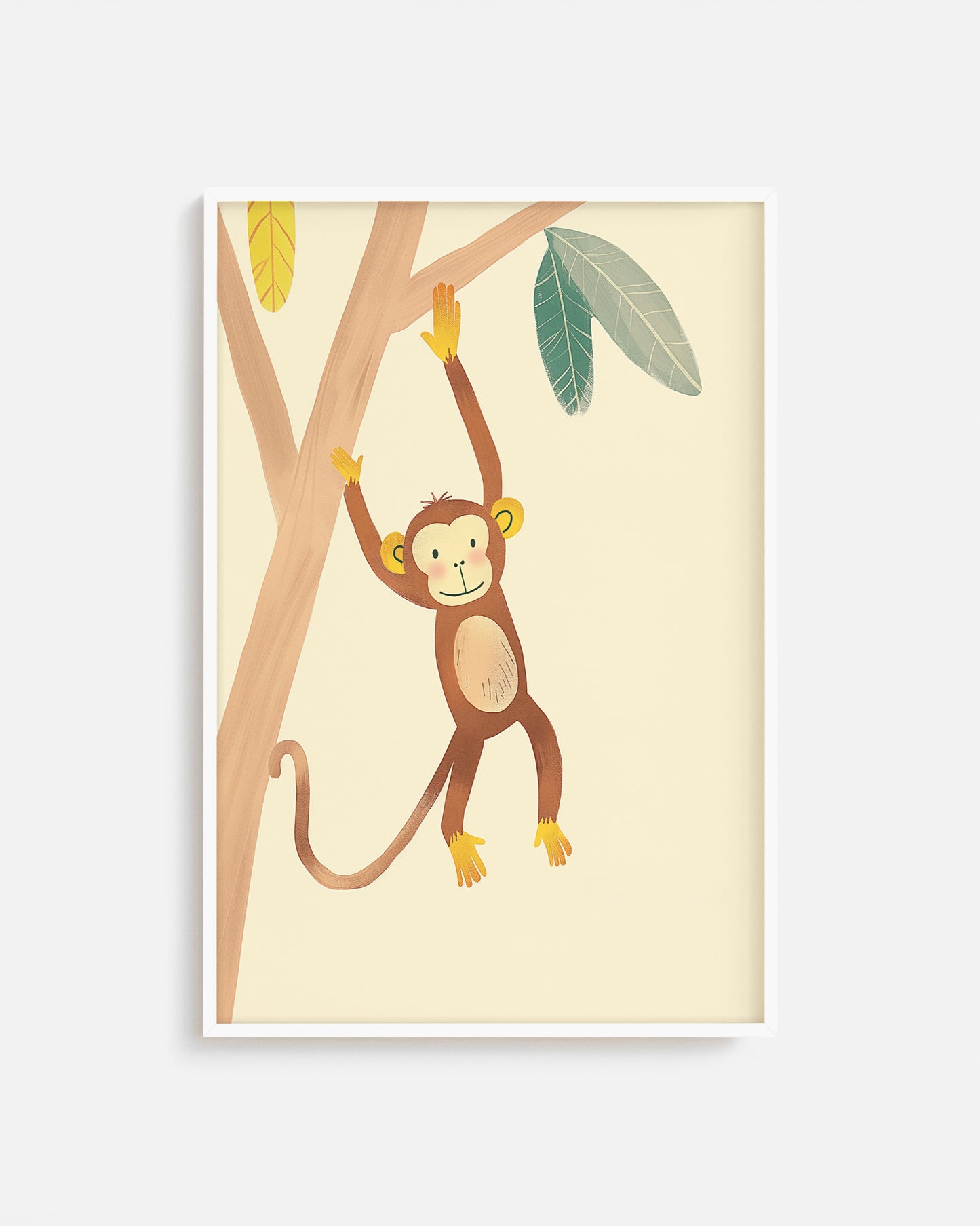 Cuadro infantil ilustrado de mono colgado en un árbol
