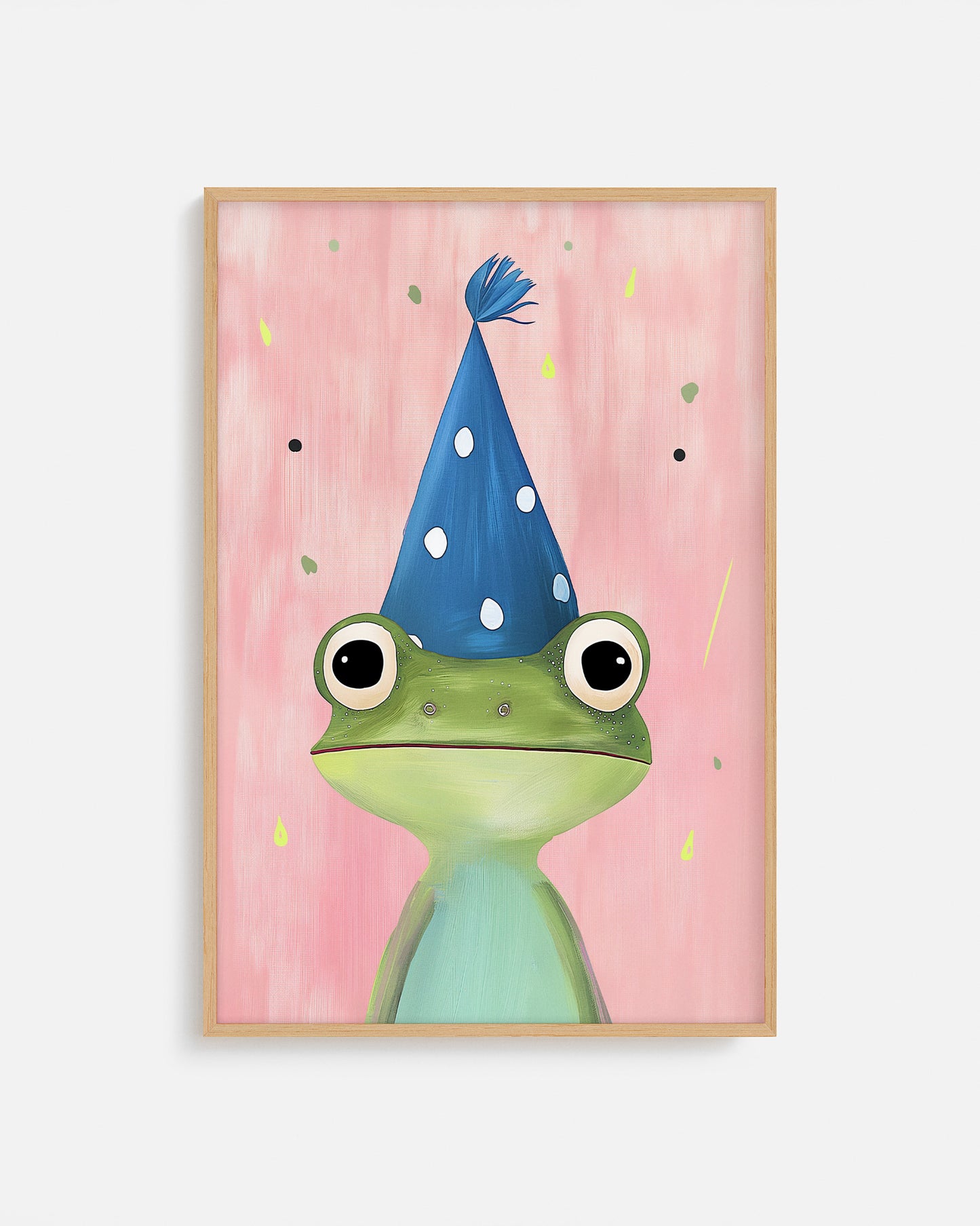 Cuadro infantil ilustrado de rana verde con gorro de fiesta