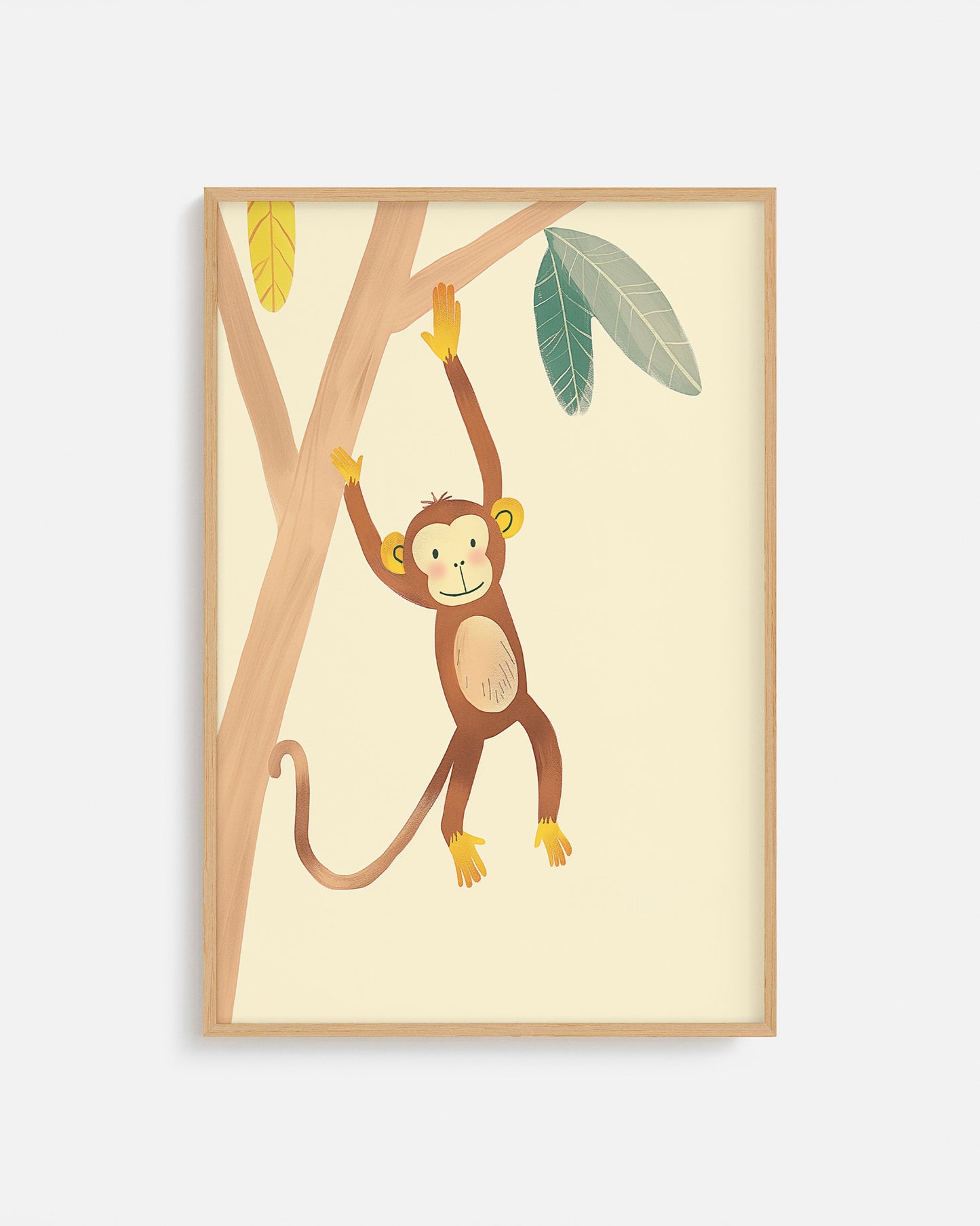 Cuadro infantil ilustrado de mono colgado en un árbol