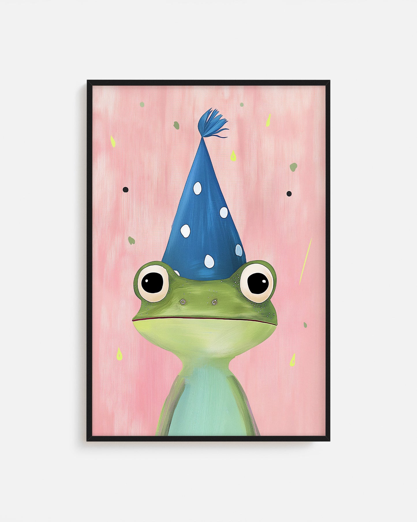 Cuadro infantil ilustrado de rana verde con gorro de fiesta