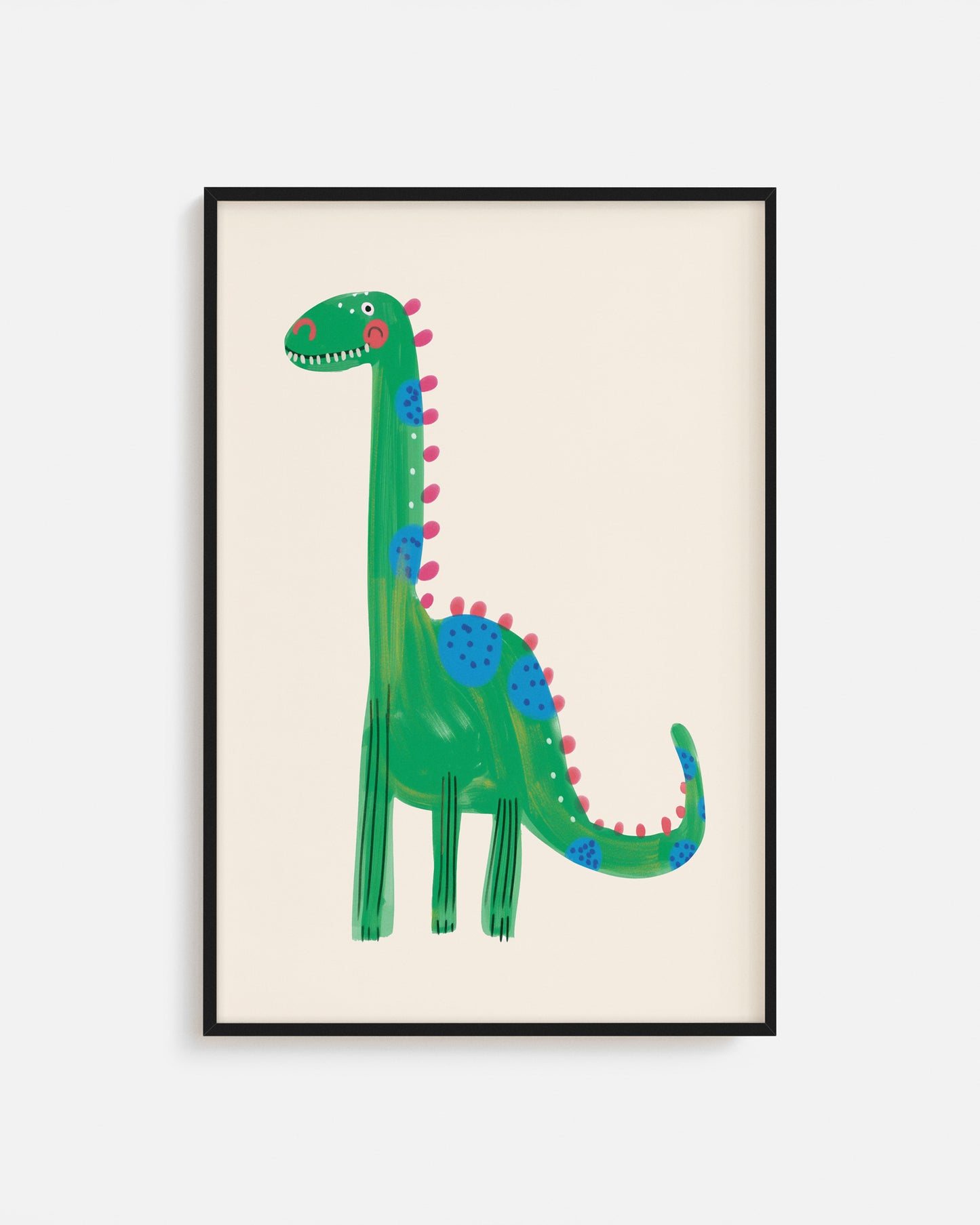 Cuadro infantil ilustrado de dinosaurio verde con manchas