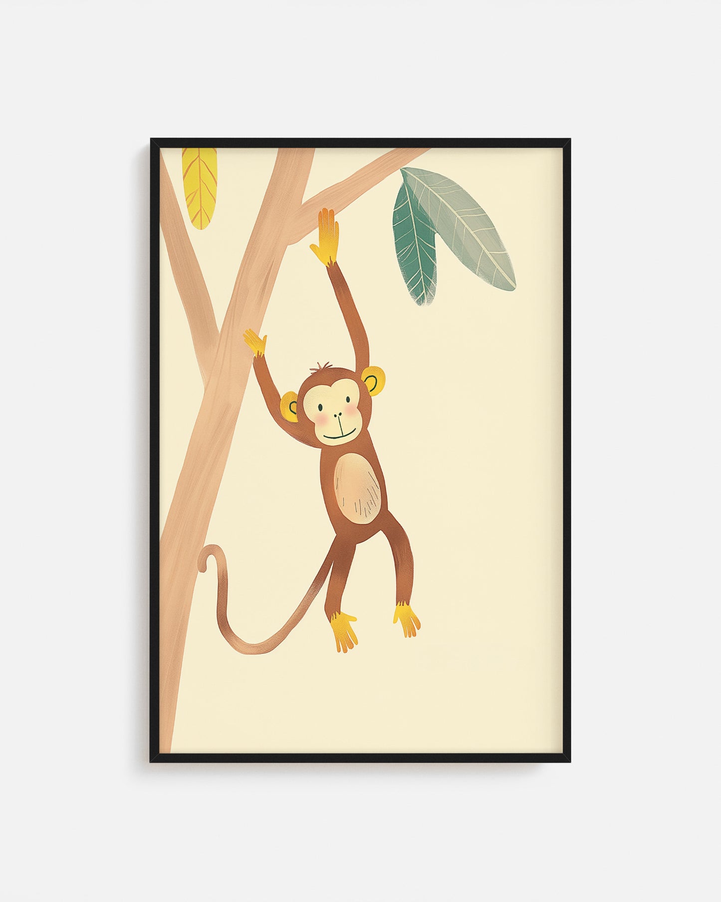 Cuadro infantil ilustrado de mono colgado en un árbol