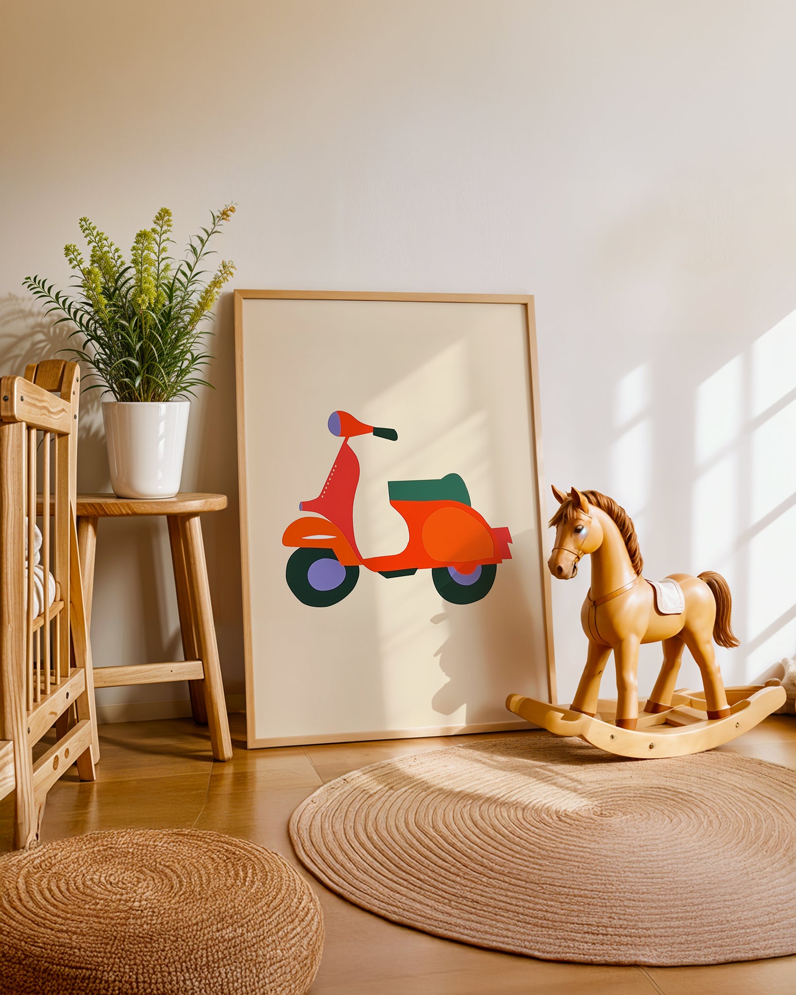 Cuadro infantil ilustrado de moto vintage naranja