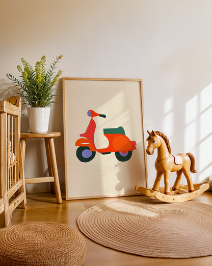 Cuadro infantil ilustrado de moto vintage naranja
