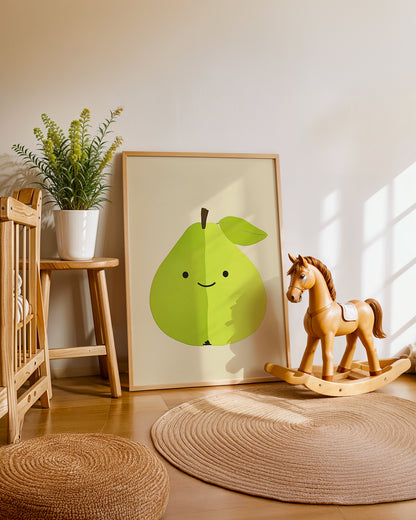 Cuadro infantil ilustrado de pera verde sonriente
