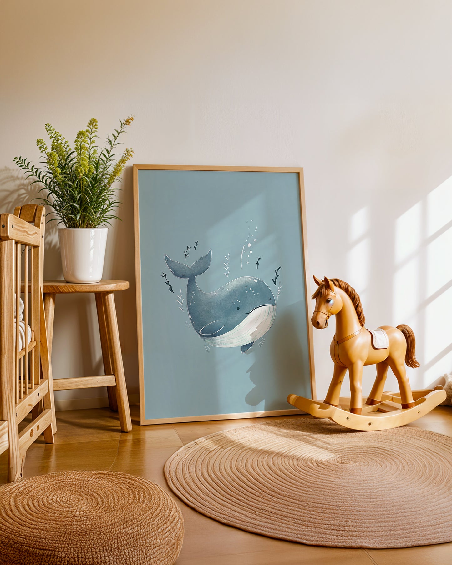 Cuadro infantil ilustrado de ballena gris pequeña
