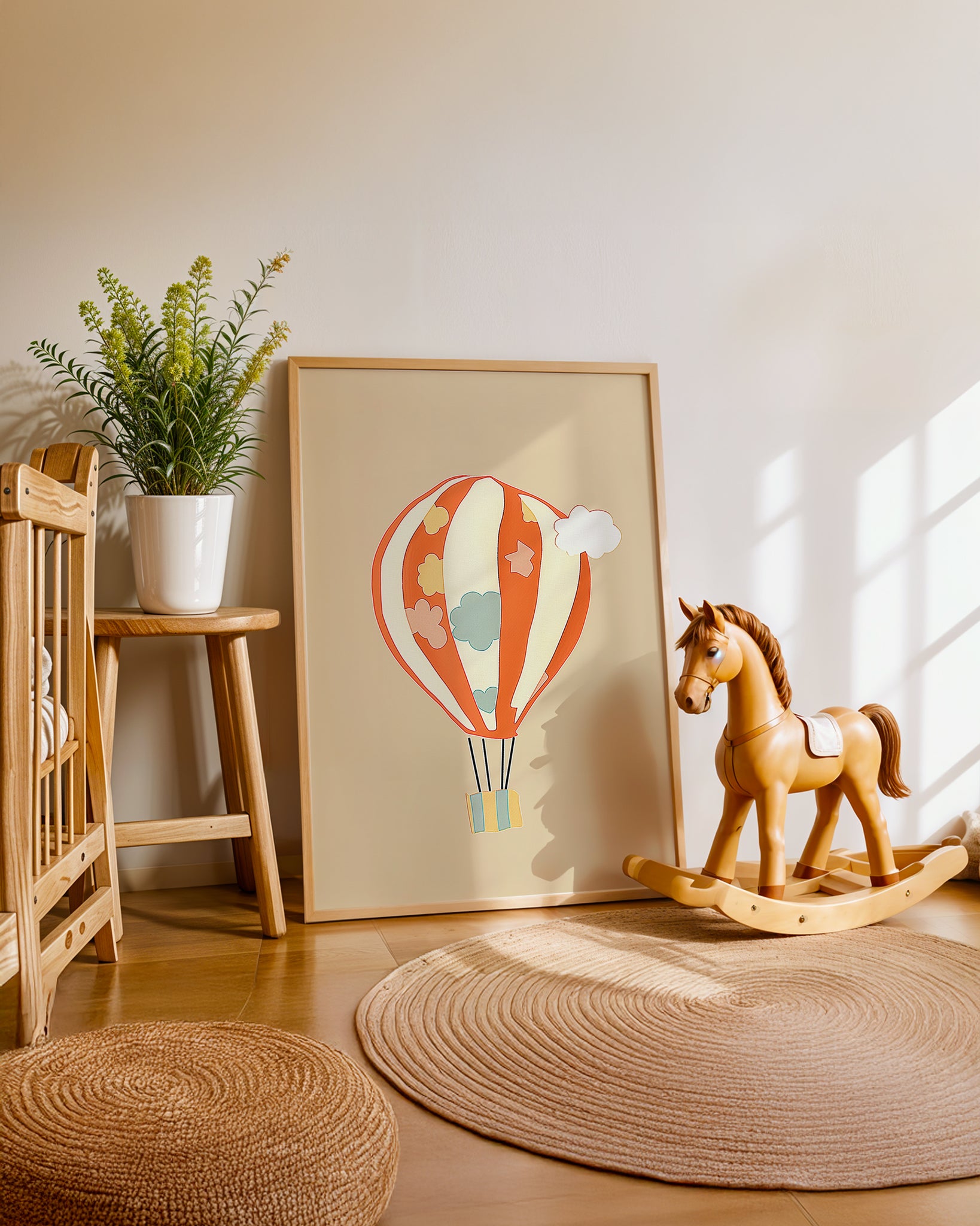 Cuadro infantil ilustrado de globo aerostático colorido