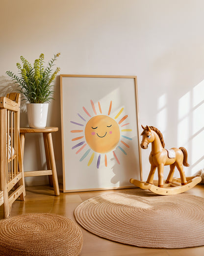 Cuadro infantil ilustrado de sol sonriente con rayos de colores