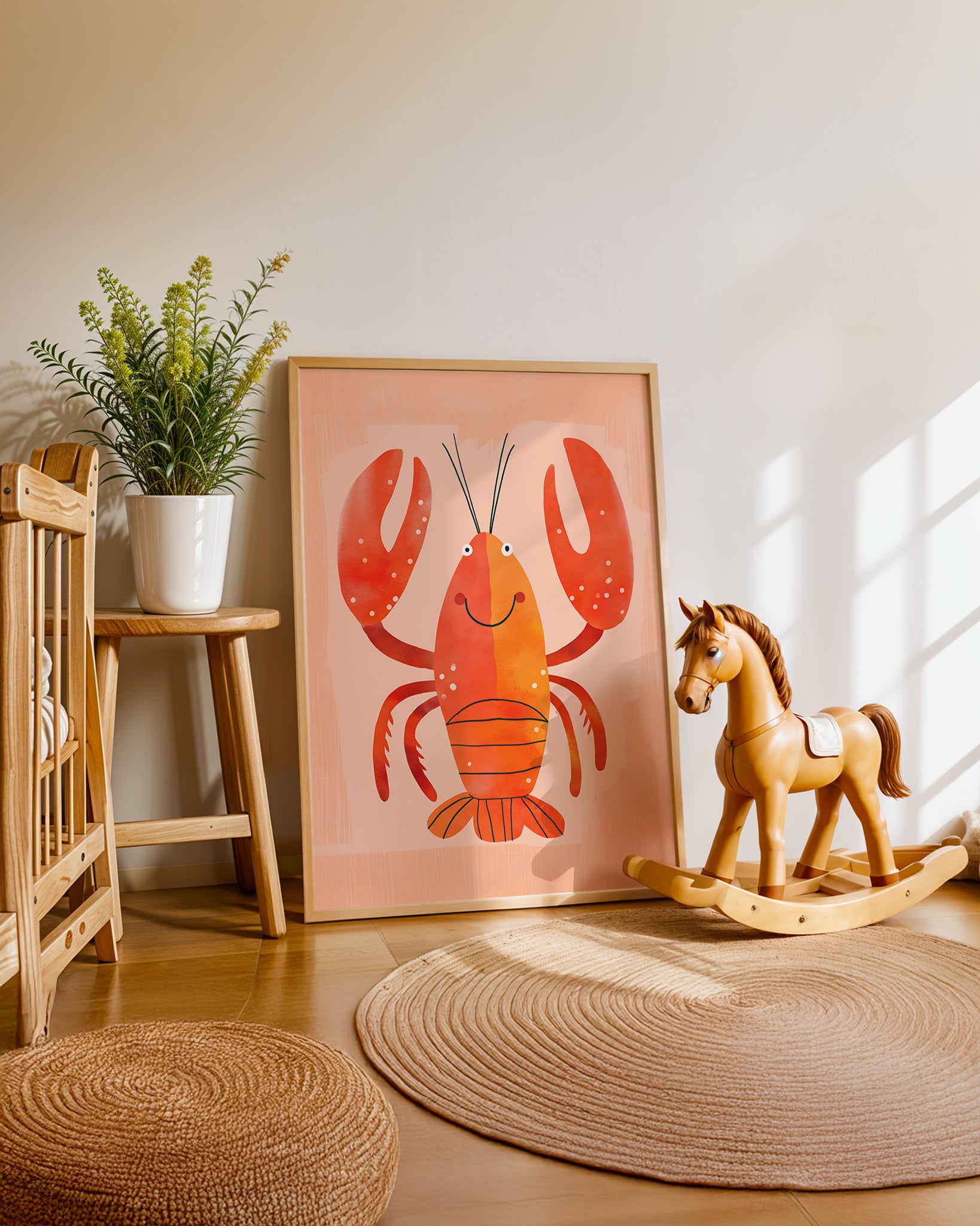 Cuadro infantil ilustrado de langosta roja decorativa