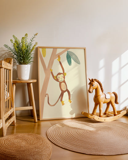 Cuadro infantil ilustrado de mono colgado en un árbol
