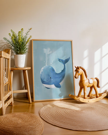 Cuadro infantil ilustrado de ballena azul sonriente
