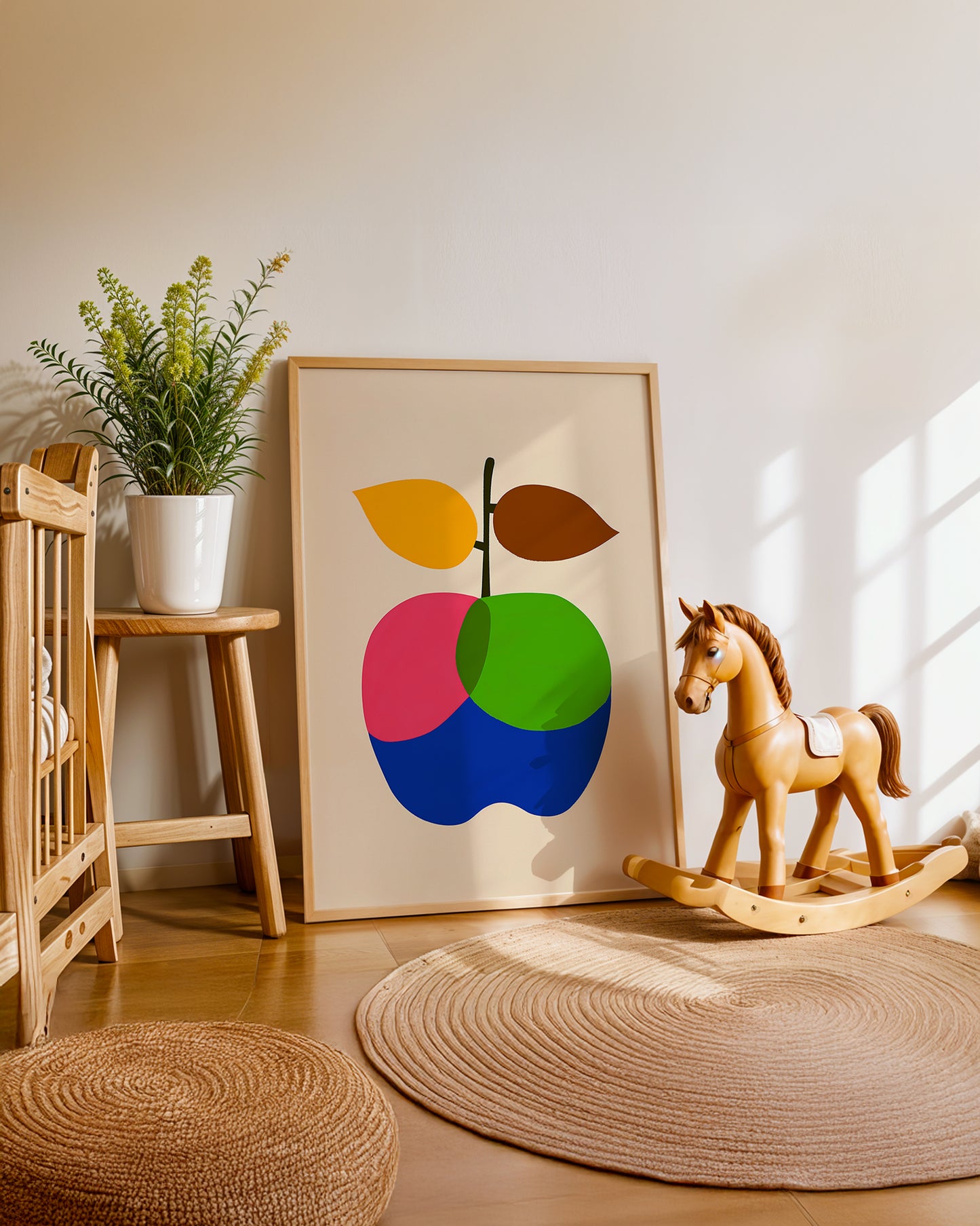 Cuadro infantil ilustrado de manzana multicolor