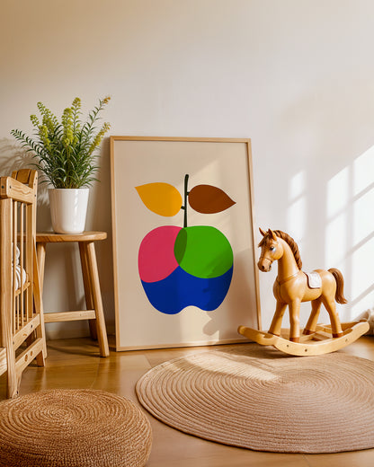 Cuadro infantil ilustrado de manzana multicolor