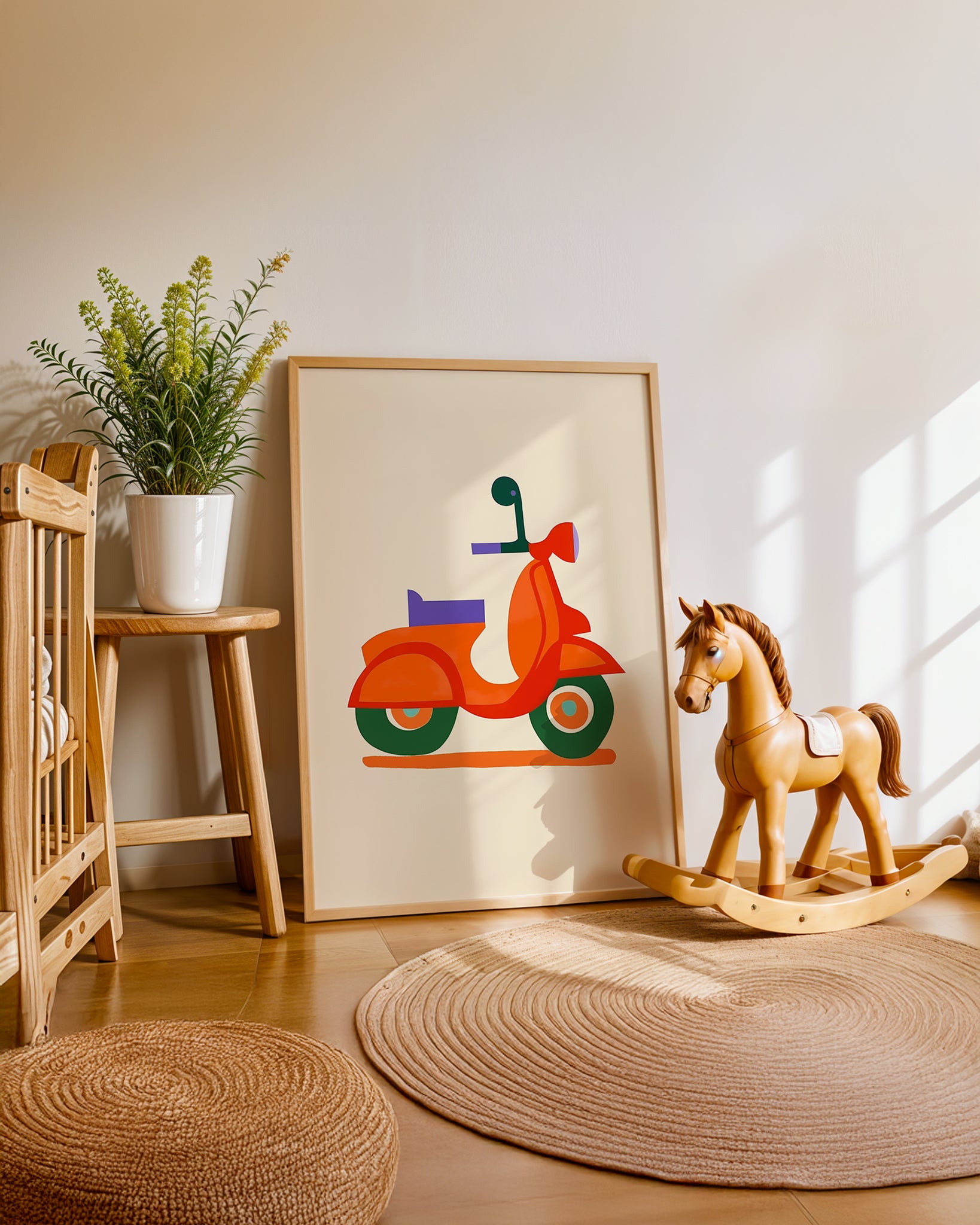 Cuadro infantil ilustrado de moto retro geométrica roja
