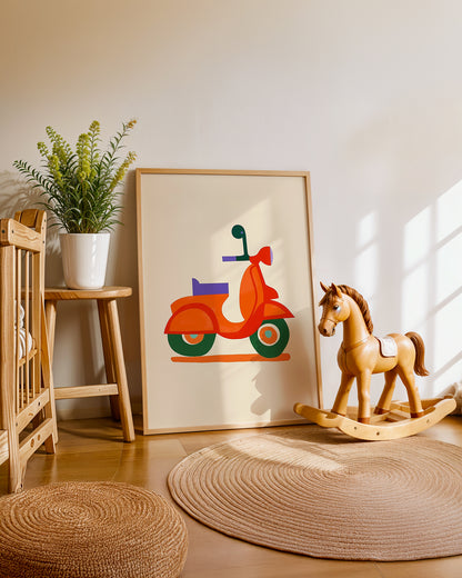 Cuadro infantil ilustrado de moto retro geométrica roja
