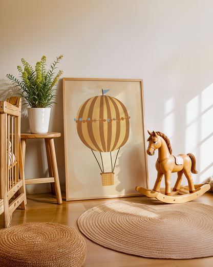 Cuadro infantil ilustrado de globo aerostático vintage