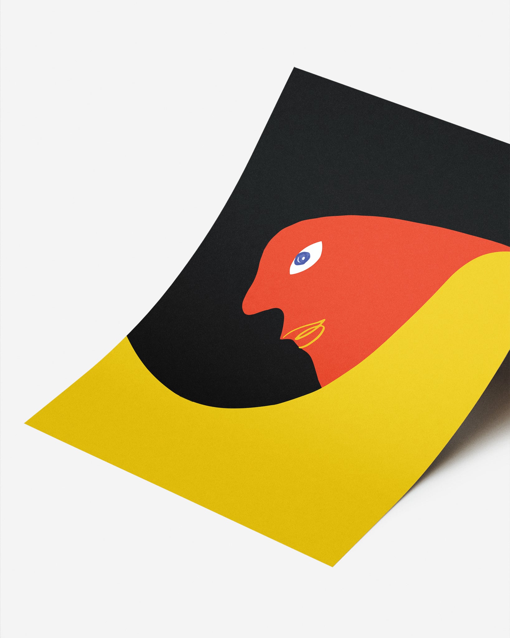 Cuadro Bauhaus con rostro de perfil en rojo, amarillo y negro.