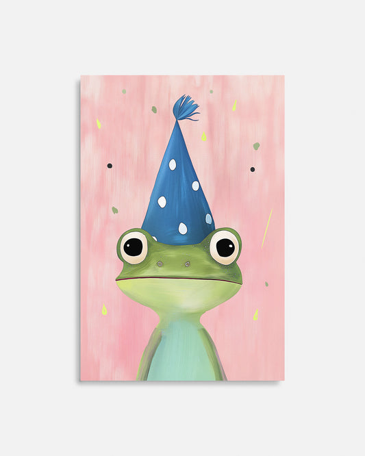 Cuadro infantil ilustrado de rana verde con gorro de fiesta
