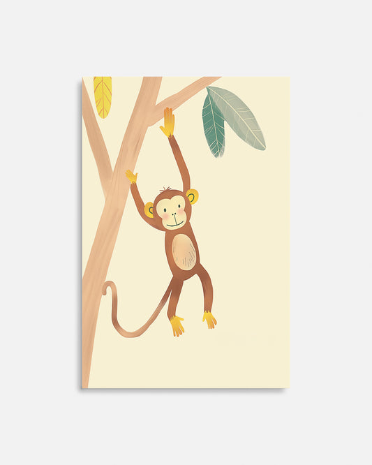 Cuadro infantil ilustrado de mono colgado en un árbol