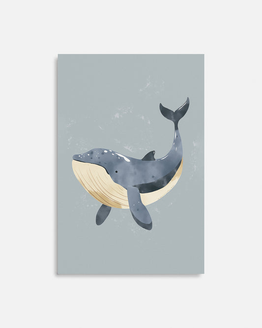Cuadro infantil ilustrado de ballena gris en estilo decorativo
