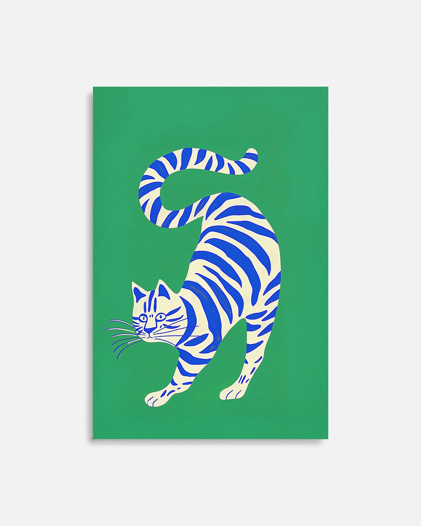 Cuadro infantil ilustrado de gato blanco con rayas azules
