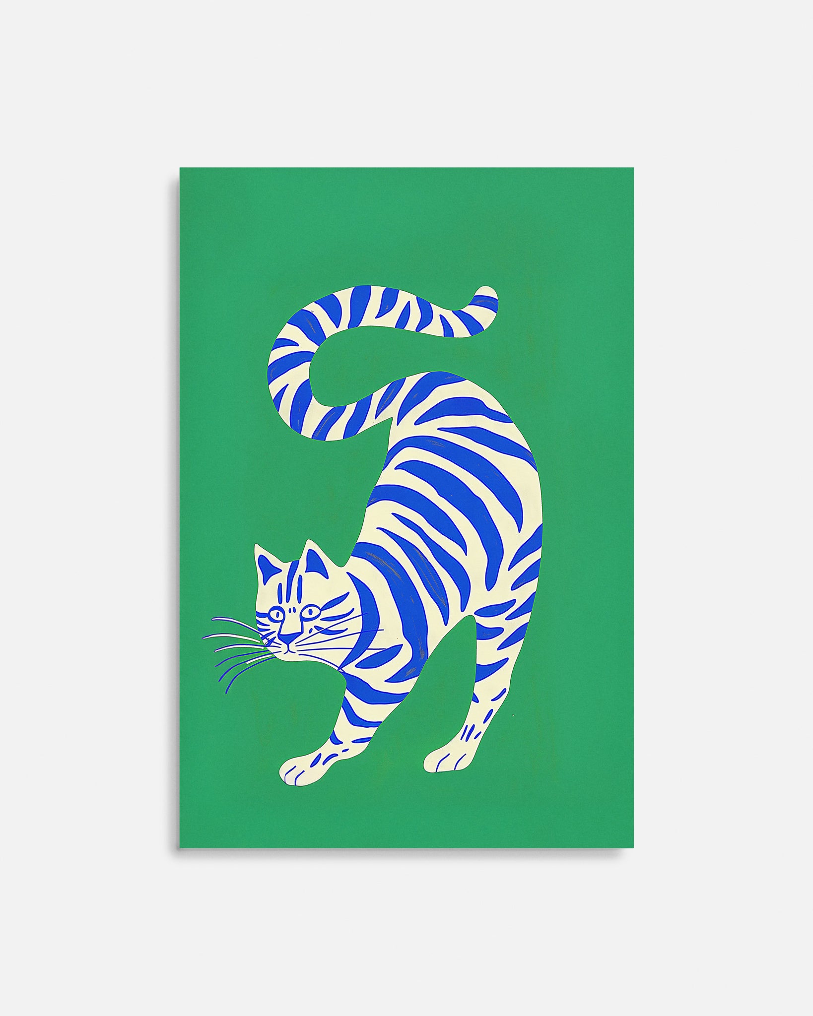 Cuadro infantil ilustrado de gato blanco con rayas azules
