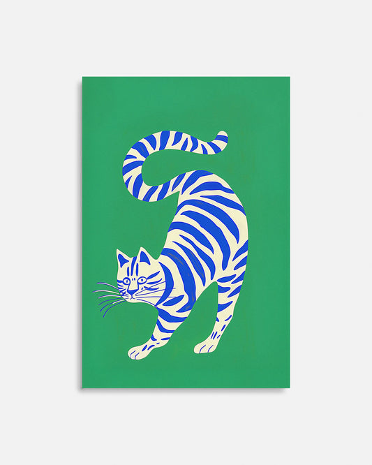 Cuadro infantil ilustrado de gato blanco con rayas azules
