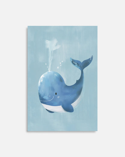 Cuadro infantil ilustrado de ballena azul sonriente
