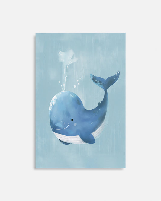 Cuadro infantil ilustrado de ballena azul sonriente
