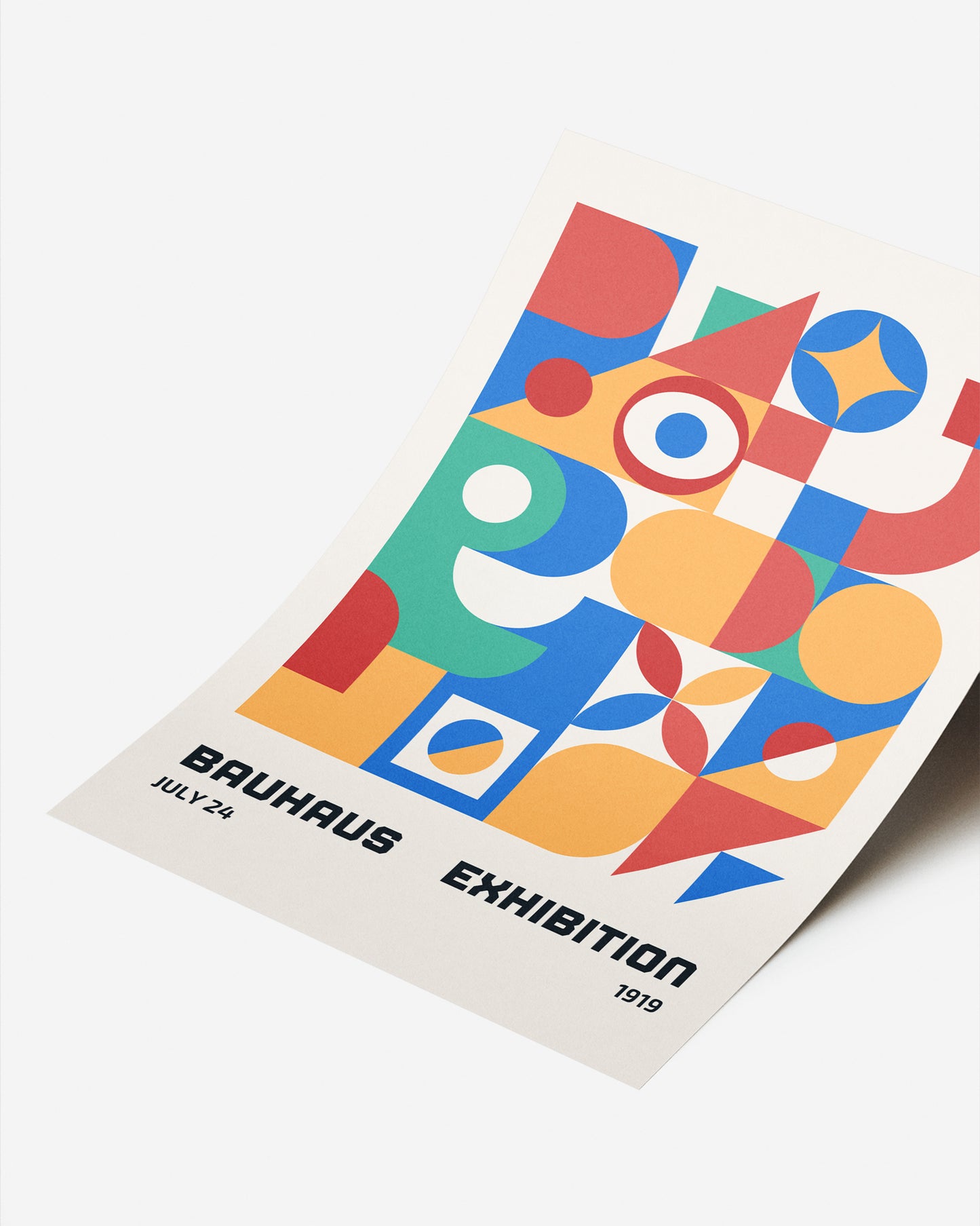 Cuadro Bauhaus con composición geométrica en rojo, azul, amarillo y verde