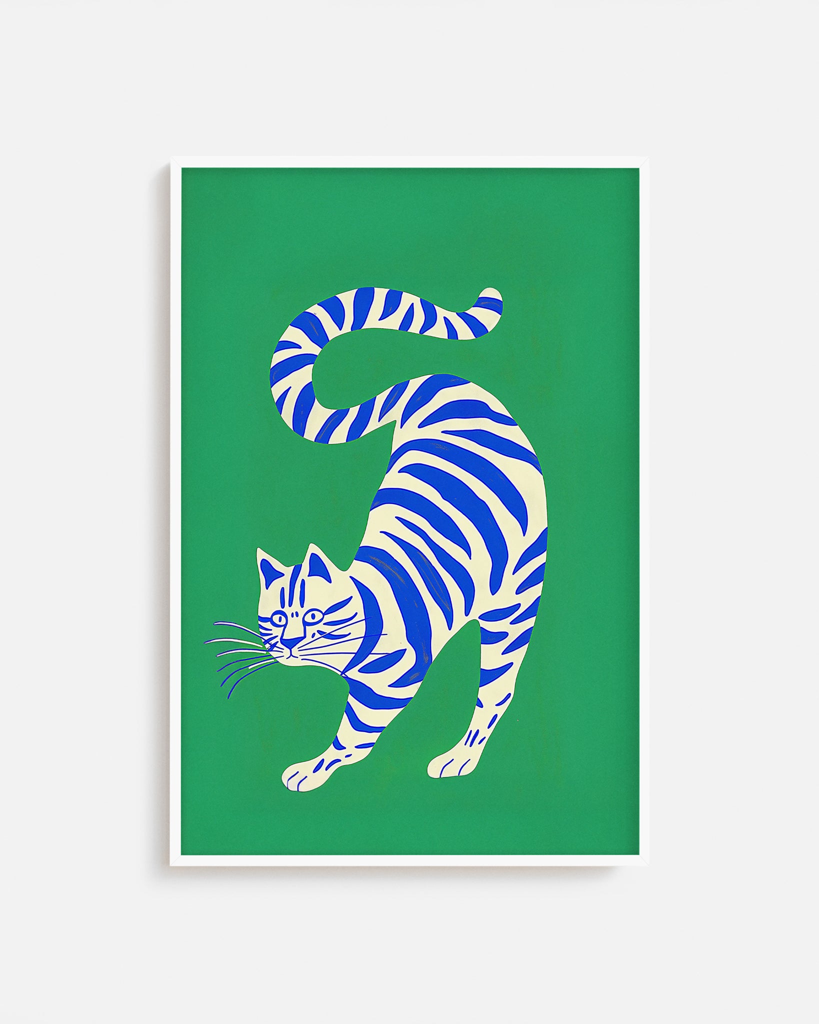 Cuadro infantil ilustrado de gato blanco con rayas azules
