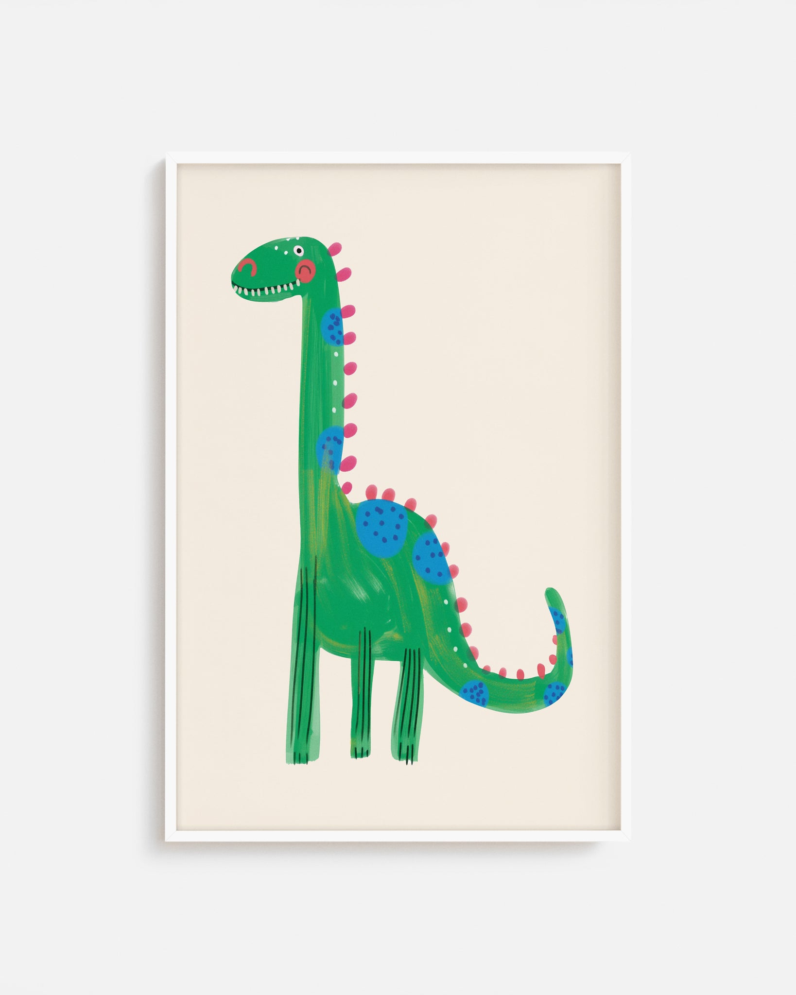 Cuadro infantil ilustrado de dinosaurio verde con manchas