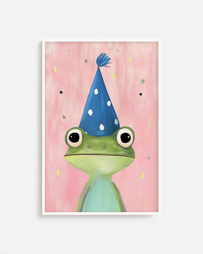 Cuadro infantil ilustrado de rana verde con gorro de fiesta