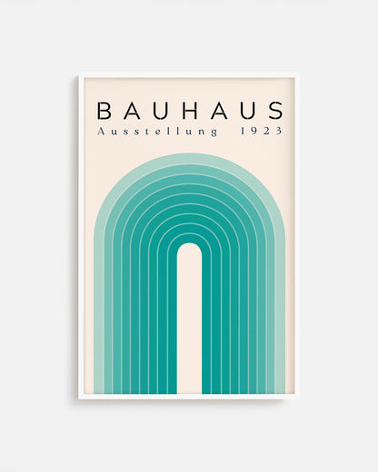 Cuadro Bauhaus con arco en tonos verde agua sobre fondo beige

