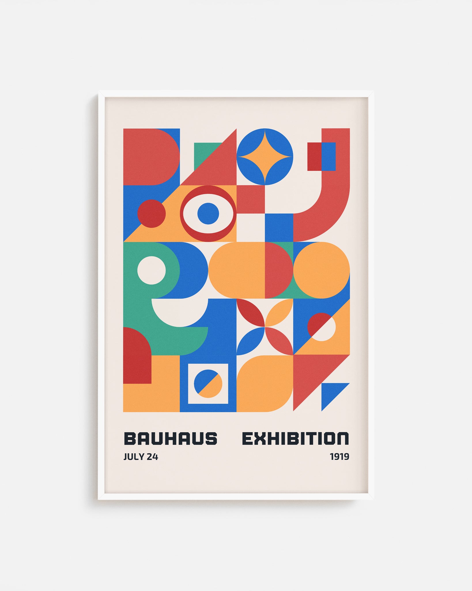 Cuadro Bauhaus con composición geométrica en rojo, azul, amarillo y verde