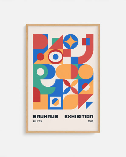 Cuadro Bauhaus con composición geométrica en rojo, azul, amarillo y verde